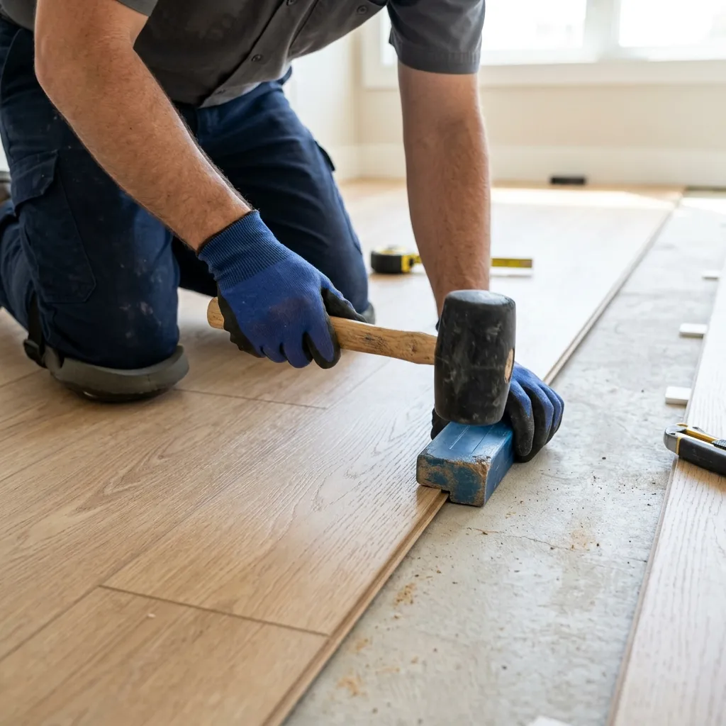 Fitter tapping planks together during a professional click-lock flooring installation