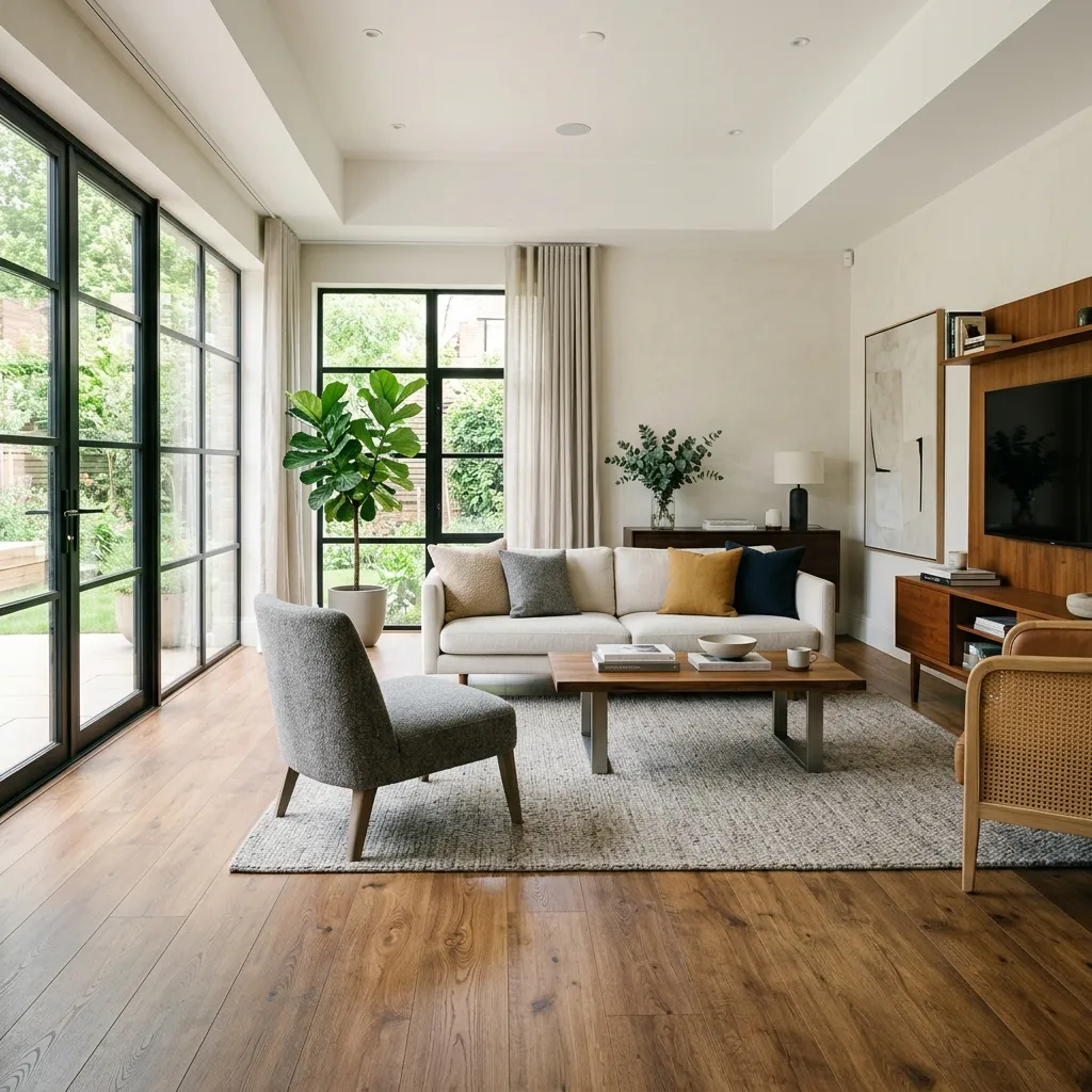 Bright modern living room featuring high-quality oak laminate flooring