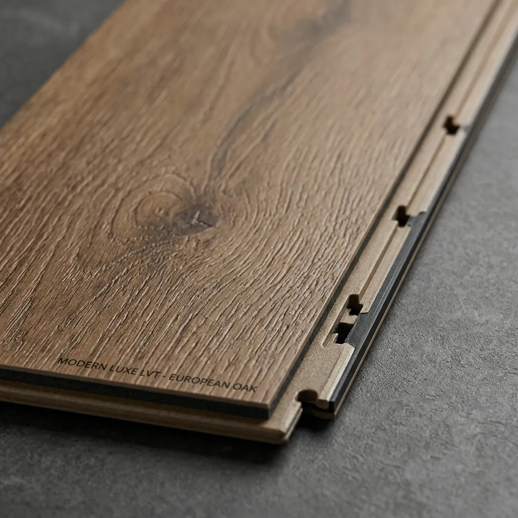 Close-up of a luxury vinyl tile (LVT) plank showing embossed wood-grain texture