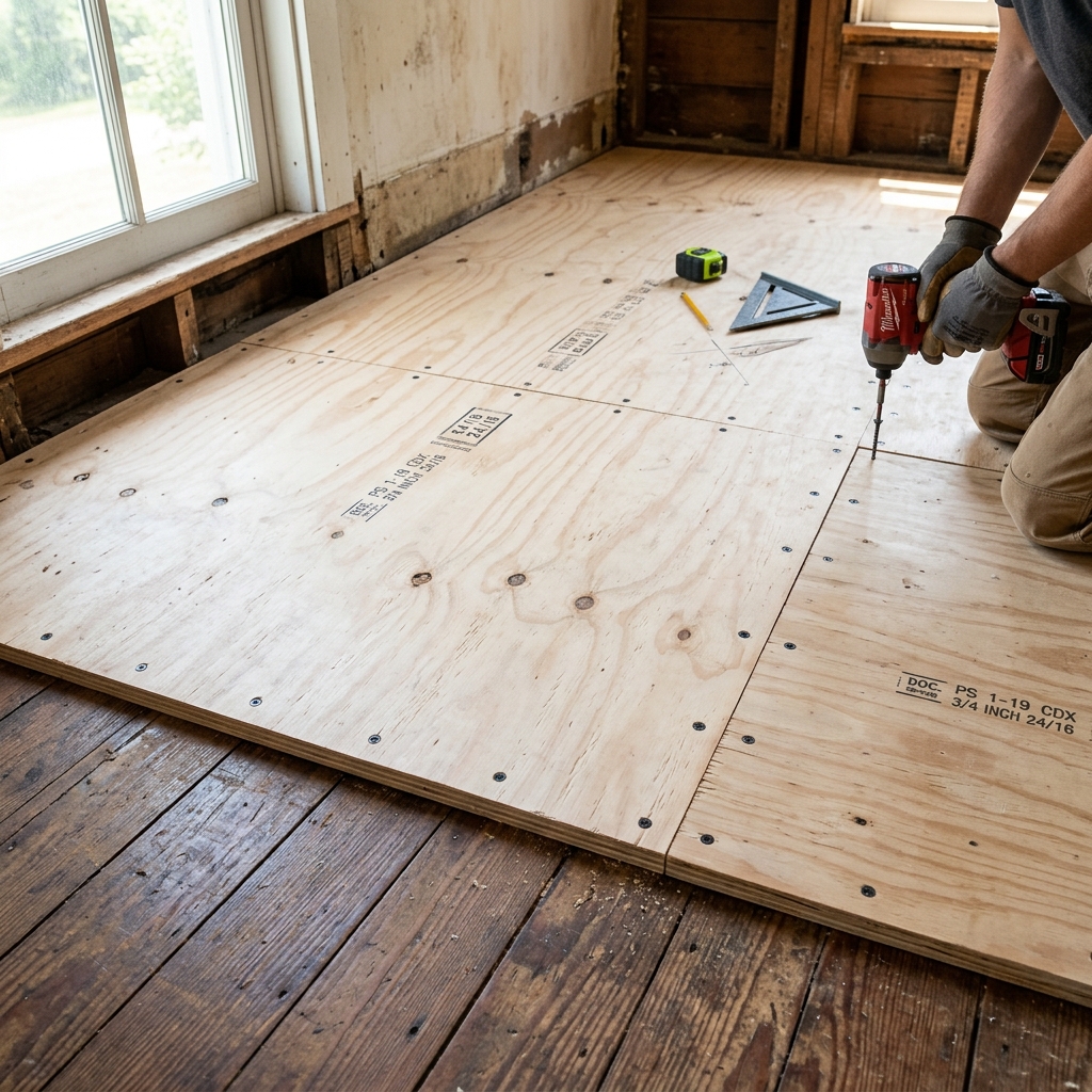 A clean flooring-grade plywood subfloor being installed over existing wooden floorboards