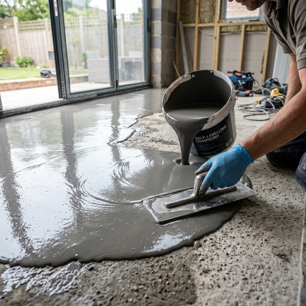 Grey self-levelling compound being poured and spread with a trowel across a concrete subfloor