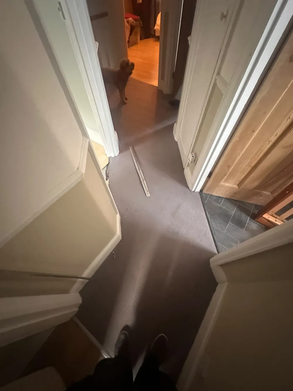 Upstairs landing with old carpet and a loose door bar before new carpet fitting — South Croydon